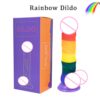 A04 silicone colorful rainbow dildo with transparent suction cup, female sex toy