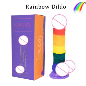 A04 silicone colorful rainbow dildo with transparent suction cup, female sex toy
