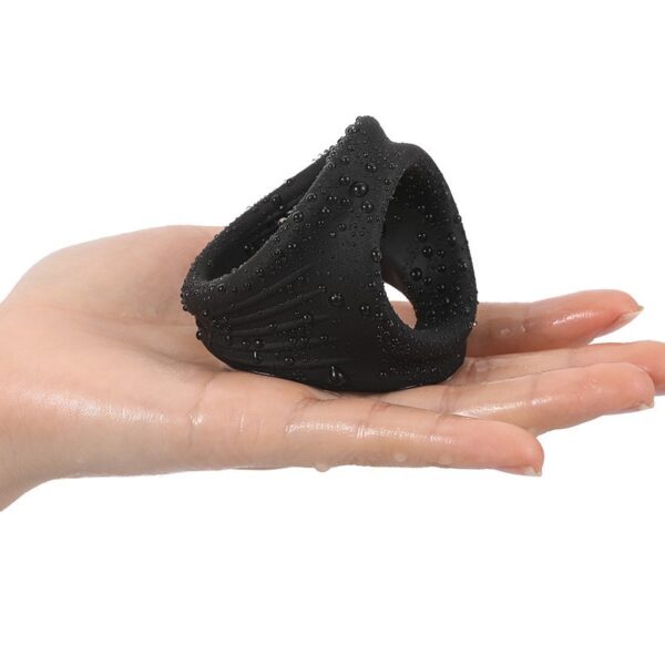 Pants-style scrotum restraint ring with triple locking system, super elastic soft rubber, for the penis, a fun sex toy